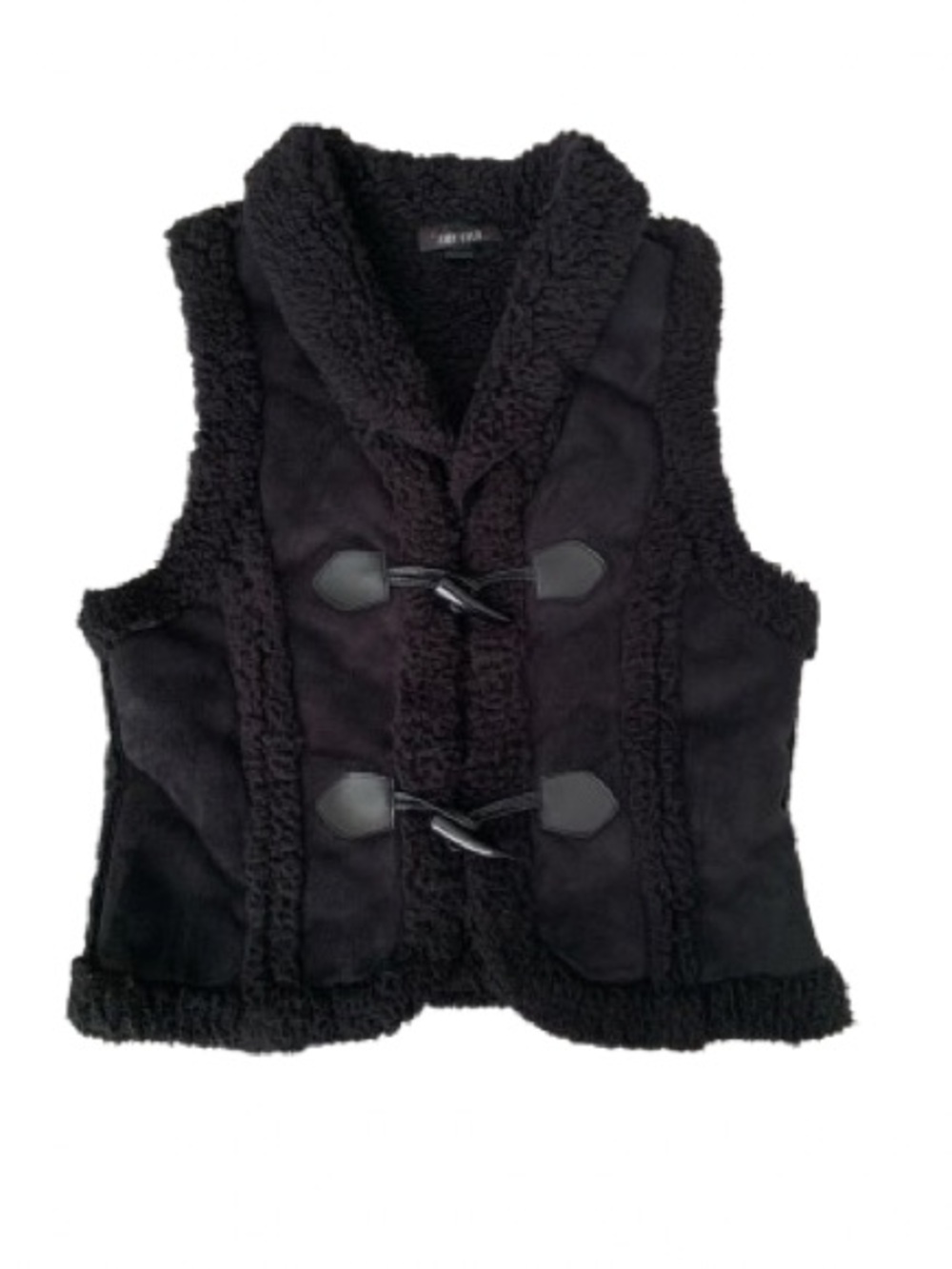 Amy Byer Suede Sherpa Vest Girls L 14 Black Toggle Latch Hooks V Neck Sleeveless